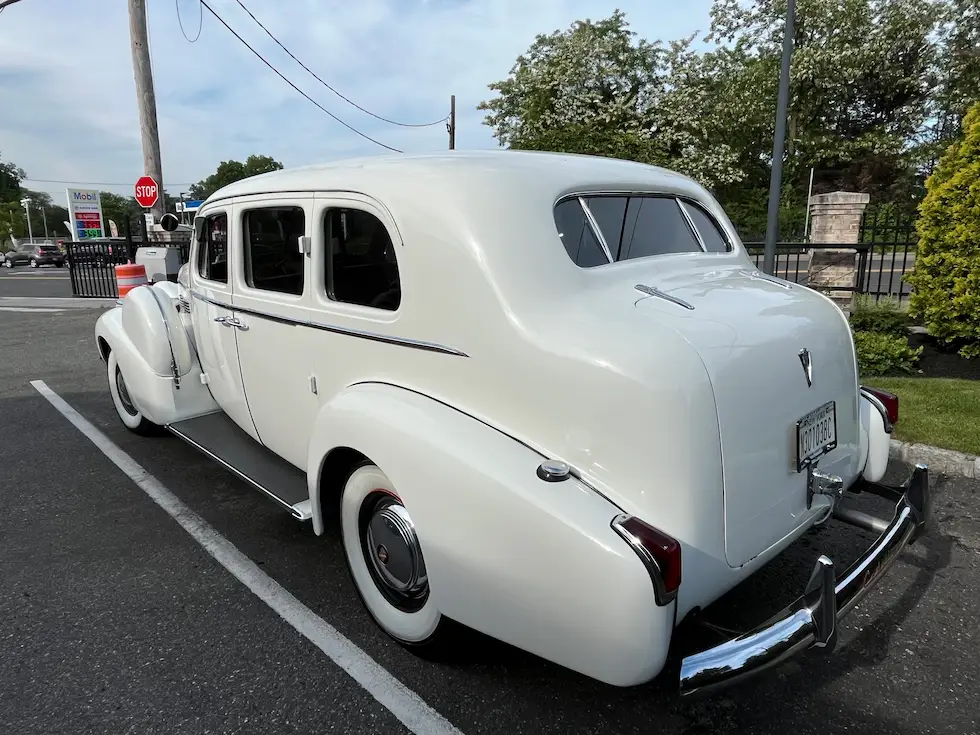 1940 White Limo Cadillac driver back view