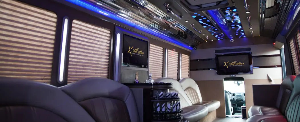 22 passenger party limo bus party area